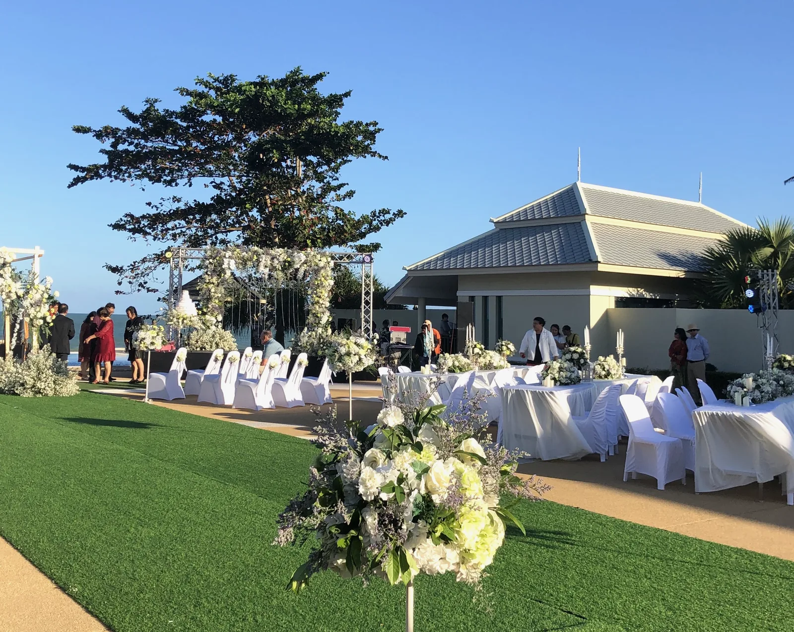 Wedding setup on the lawn by the sea